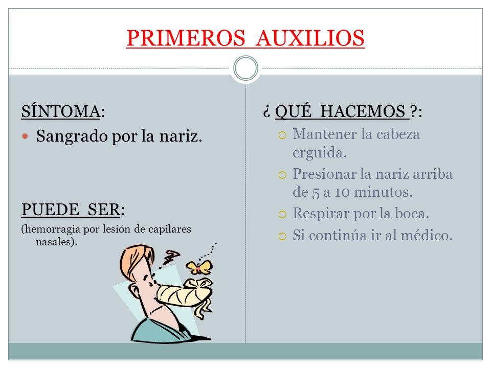 PRIMEROS AUXILIOS SÍNTOMA: Sangrado por la nariz. PUEDE SER: