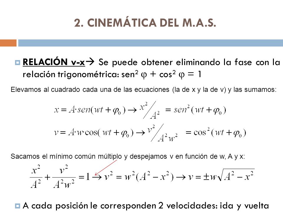2. CINEMÁTICA DEL M.A.S. RELACIÓN v-x Se puede obtener eliminando la fase con la relación trigonométrica: sen2 j + cos2 j = 1.