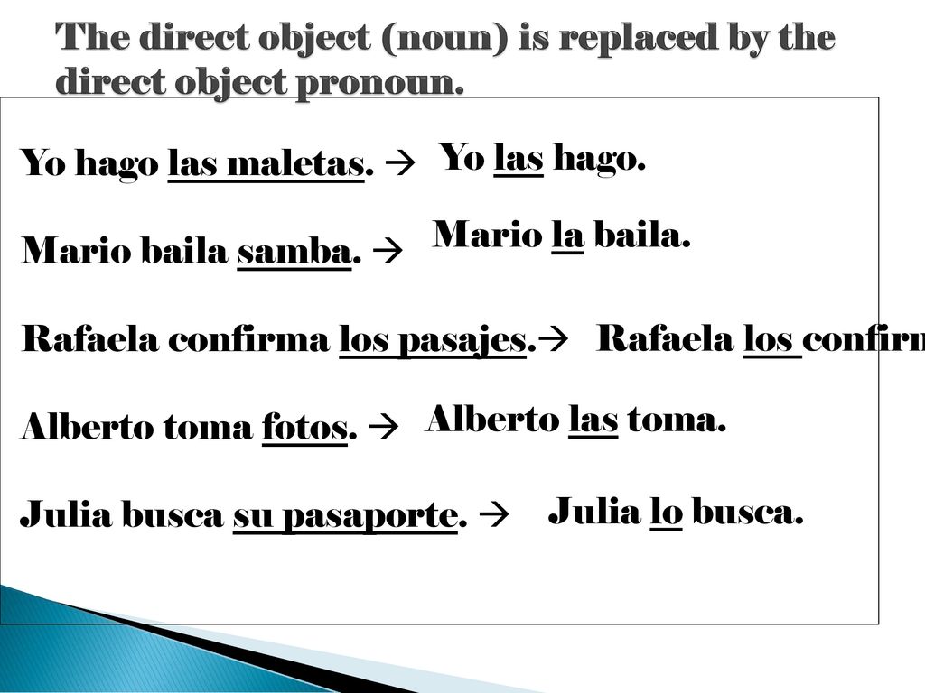 The direct object (noun) is replaced by the direct object pronoun.