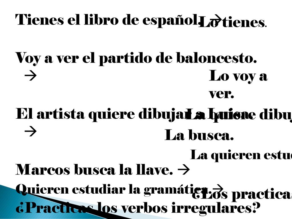 Tienes el libro de español.  Voy a ver el partido de baloncesto. 