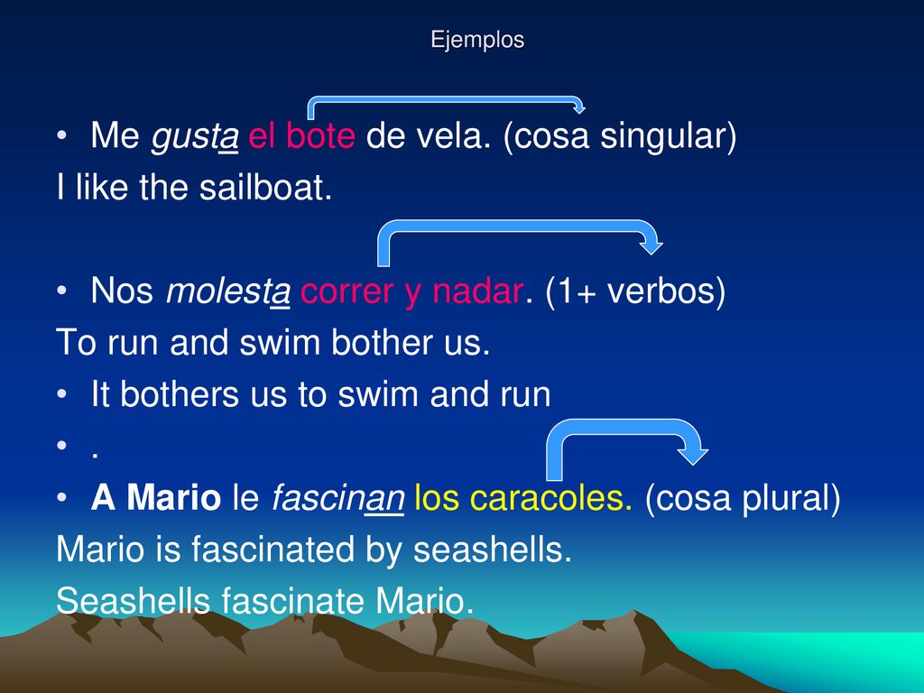 Me gusta el bote de vela. (cosa singular) I like the sailboat.