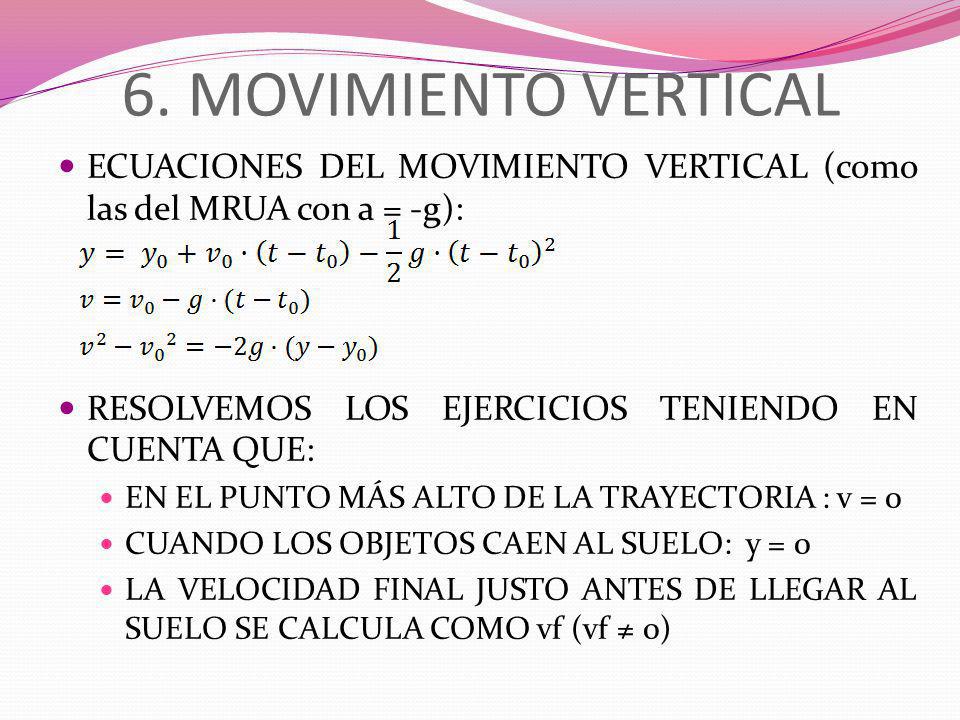 6. MOVIMIENTO VERTICAL ECUACIONES DEL MOVIMIENTO VERTICAL (como las del MRUA con a = -g): RESOLVEMOS LOS EJERCICIOS TENIENDO EN CUENTA QUE: