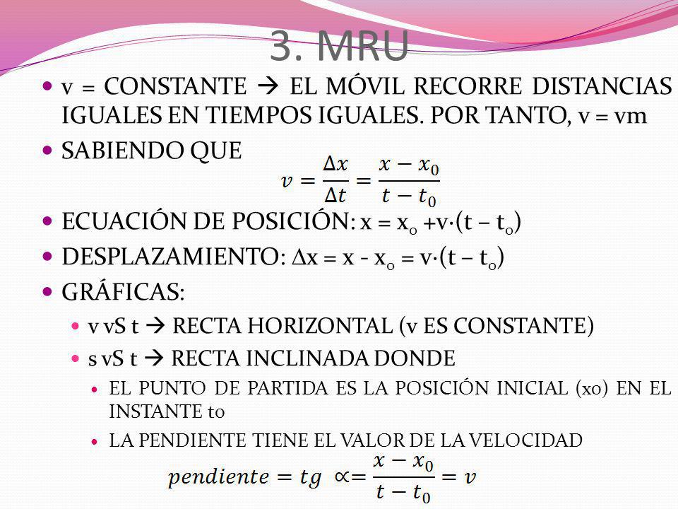 3. MRU v = CONSTANTE  EL MÓVIL RECORRE DISTANCIAS IGUALES EN TIEMPOS IGUALES. POR TANTO, v = vm. SABIENDO QUE.