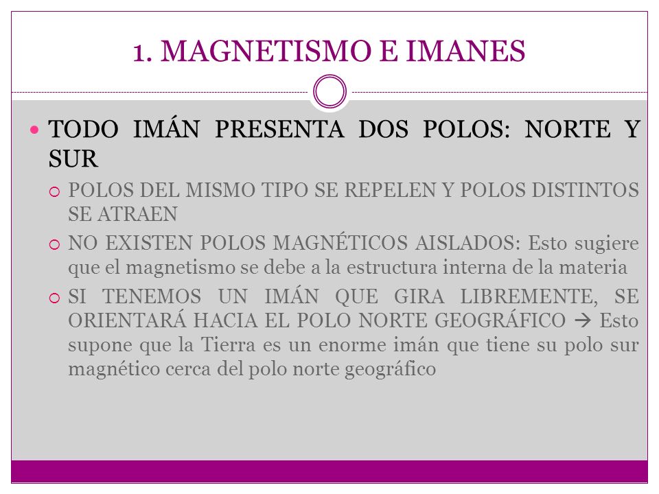 1. MAGNETISMO E IMANES TODO IMÁN PRESENTA DOS POLOS: NORTE Y SUR