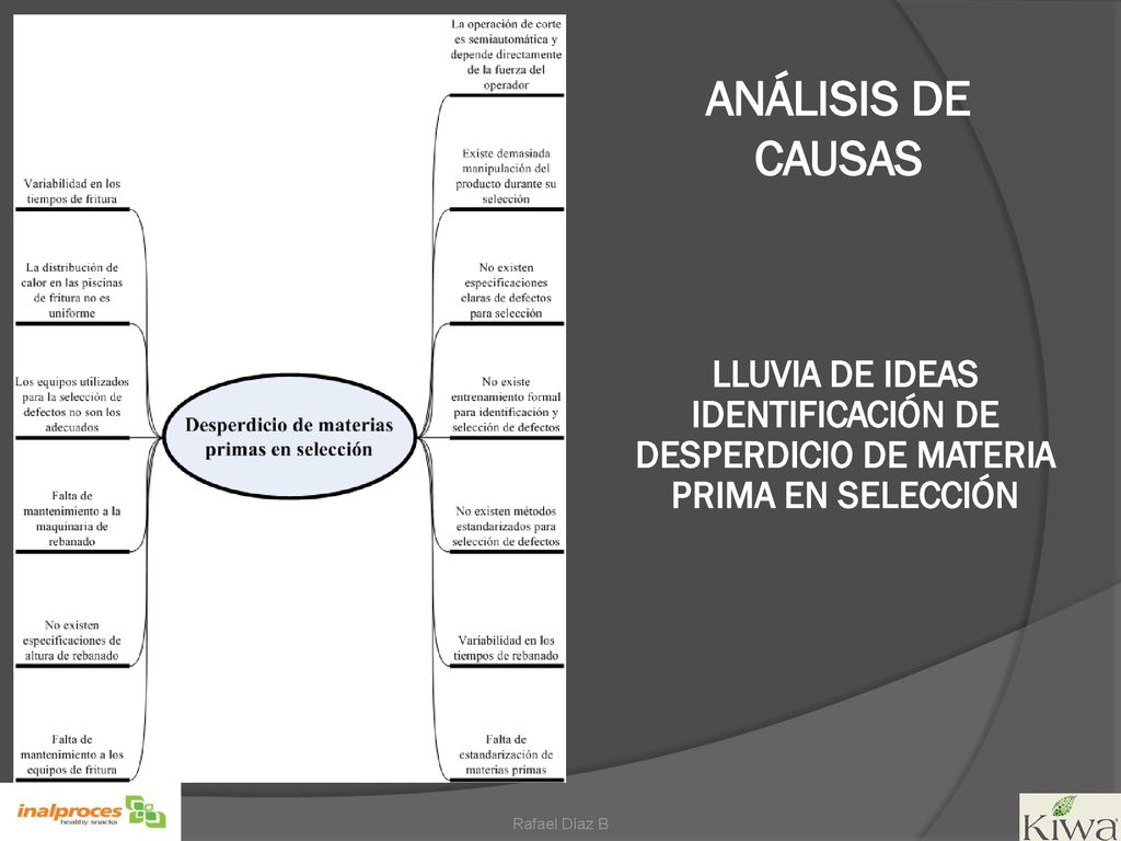 ANÁLISIS DE CAUSAS LLUVIA DE IDEAS IDENTIFICACIÓN DE DESPERDICIO DE MATERIA PRIMA EN SELECCIÓN.