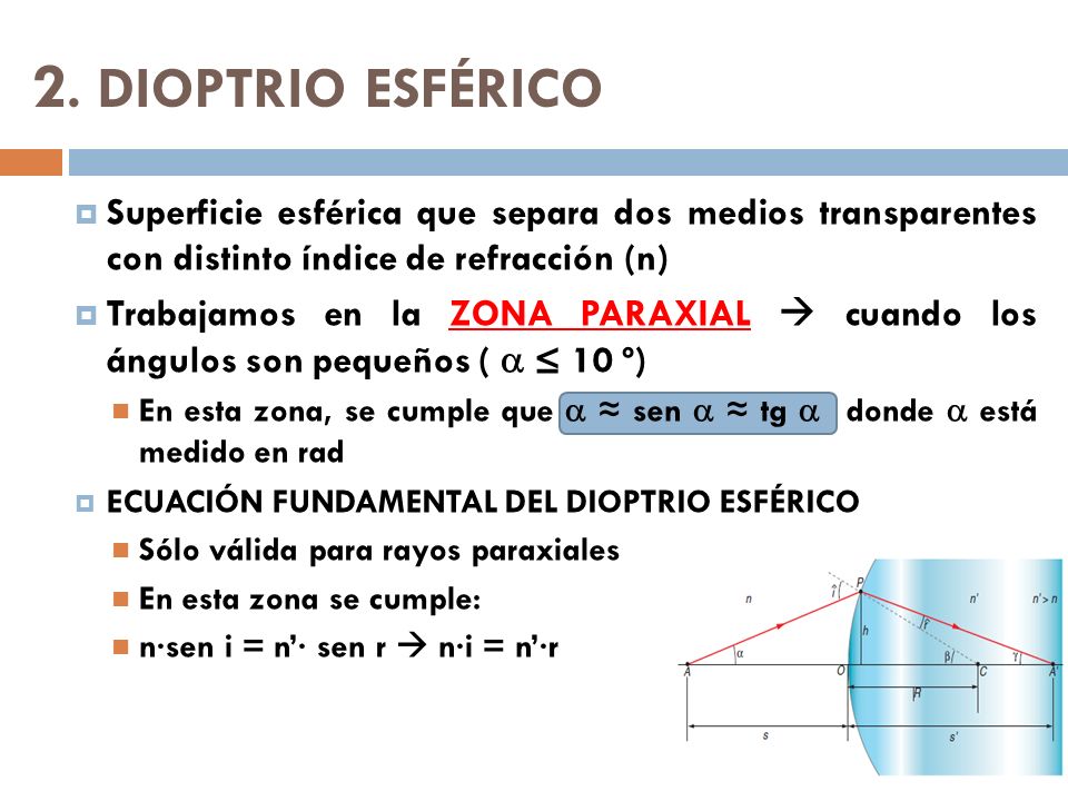 2. DIOPTRIO ESFÉRICO Superficie esférica que separa dos medios transparentes con distinto índice de refracción (n)