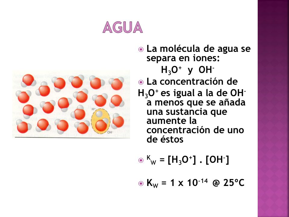 AGUA La molécula de agua se separa en iones: H3O+ y OH-