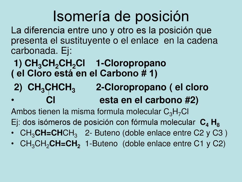 Isomería de posición 2) CH3CHCH3 2-Cloropropano ( el cloro