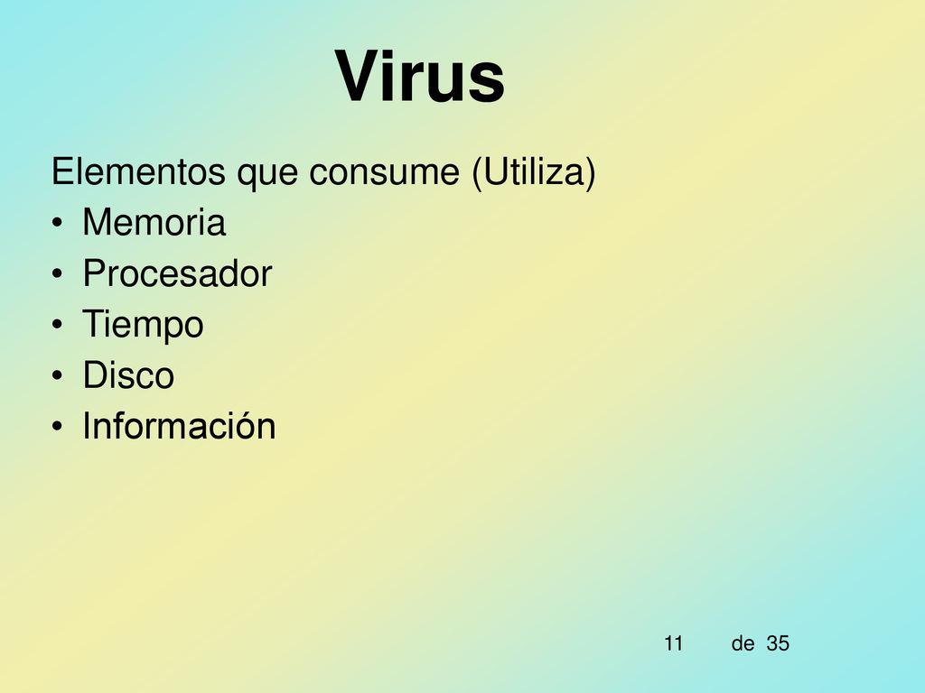 Virus Elementos que consume (Utiliza) Memoria Procesador Tiempo Disco