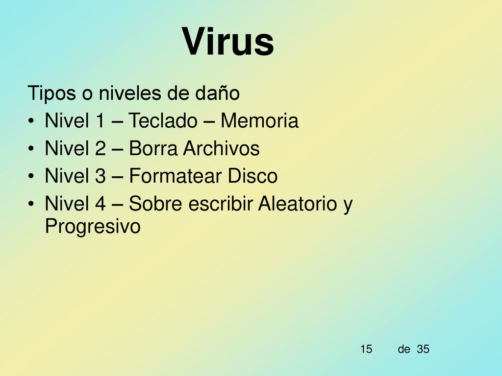Virus Tipos o niveles de daño Nivel 1 – Teclado – Memoria