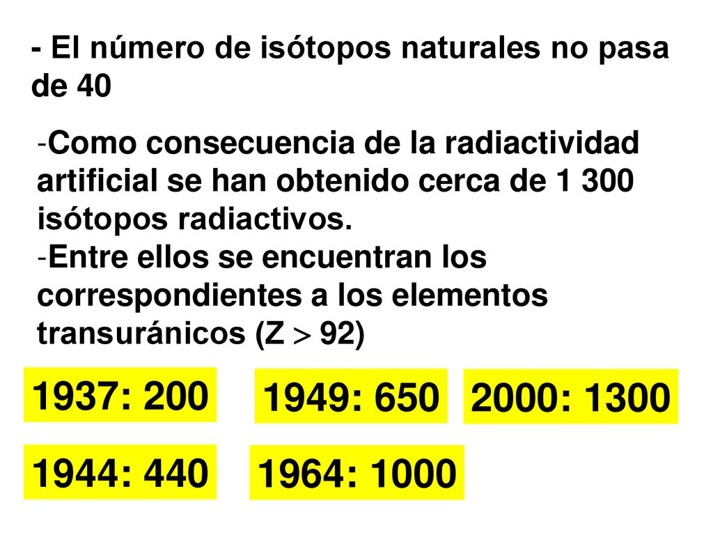 - El número de isótopos naturales no pasa de 40