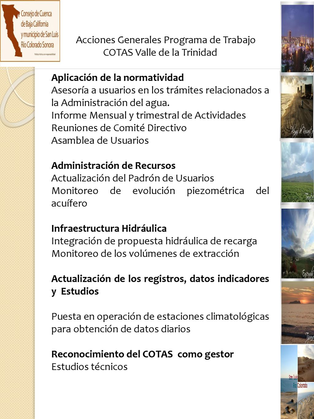 Acciones Generales Programa de Trabajo COTAS Valle de la Trinidad