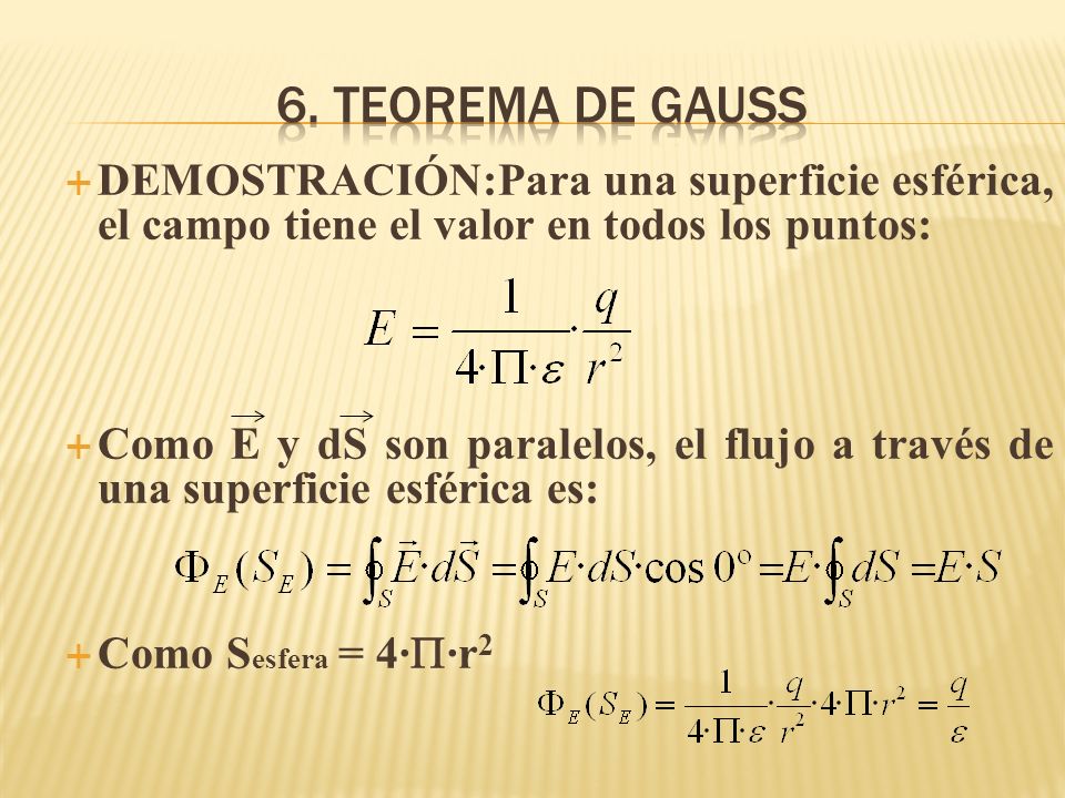 6. Teorema de gauss DEMOSTRACIÓN:Para una superficie esférica, el campo tiene el valor en todos los puntos: