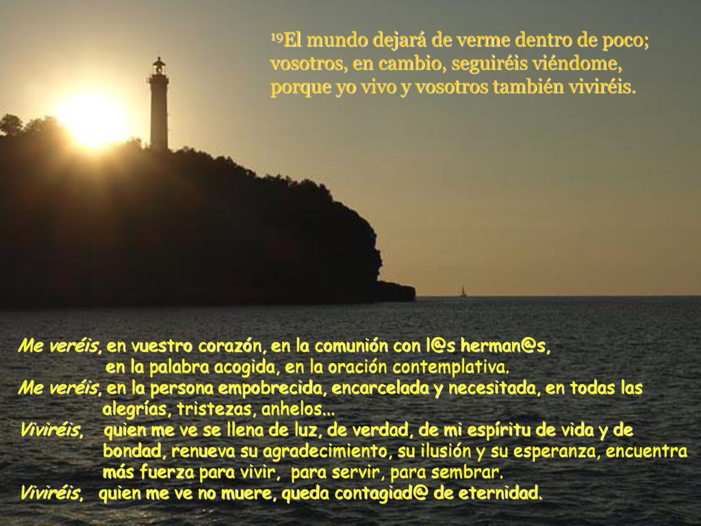 19El mundo dejará de verme dentro de poco; vosotros, en cambio, seguiréis viéndome, porque yo vivo y vosotros también viviréis.