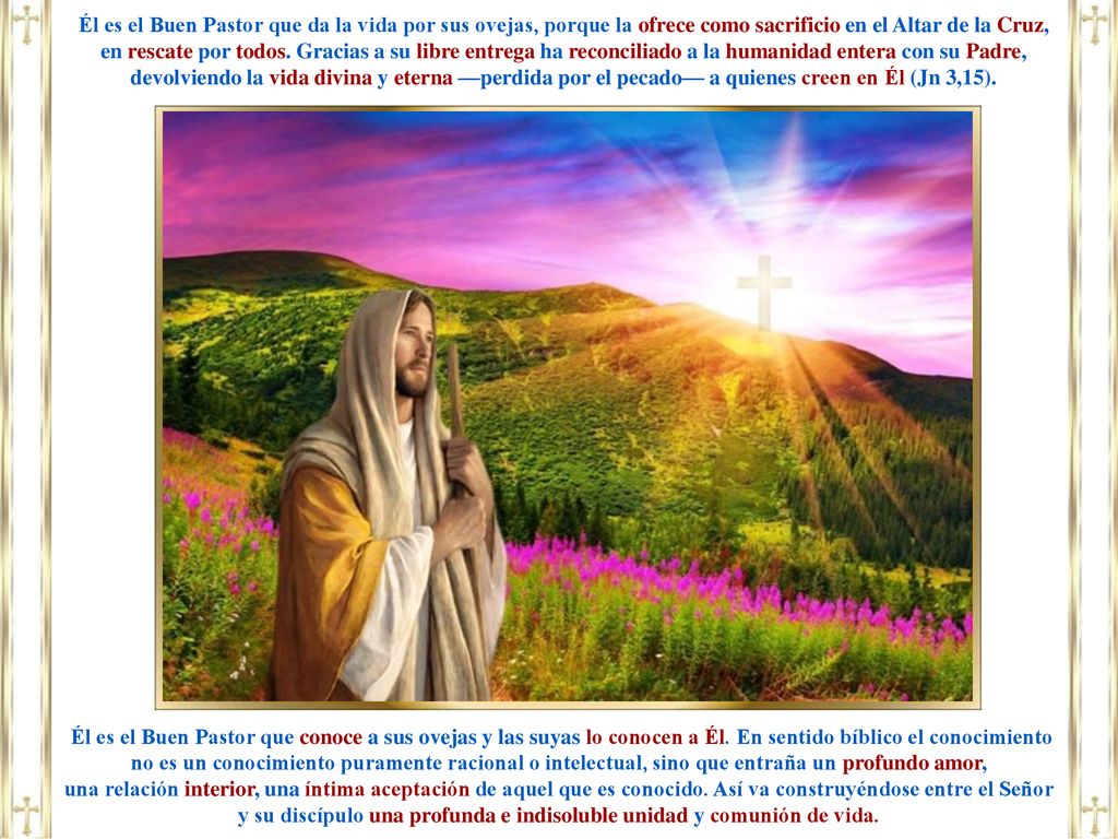 Él es el Buen Pastor que da la vida por sus ovejas, porque la ofrece como sacrificio en el Altar de la Cruz, en rescate por todos. Gracias a su libre entrega ha reconciliado a la humanidad entera con su Padre, devolviendo la vida divina y eterna —perdida por el pecado— a quienes creen en Él (Jn 3,15).
