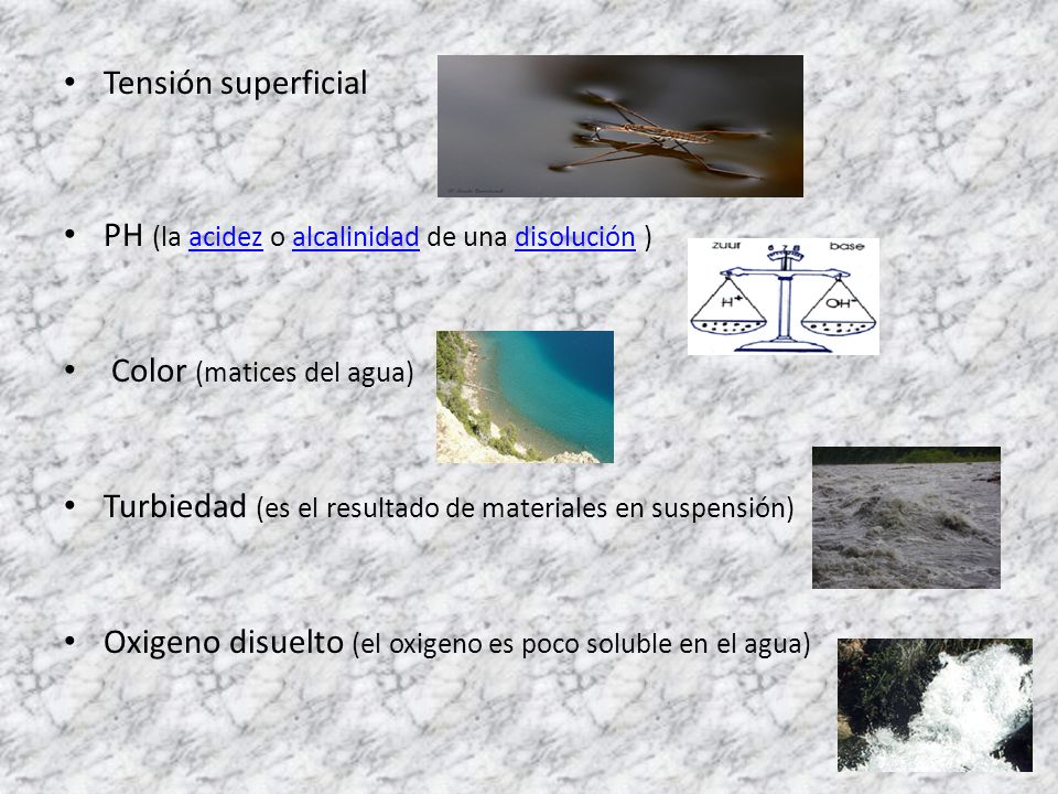 Tensión superficial PH (la acidez o alcalinidad de una disolución ) Color (matices del agua)