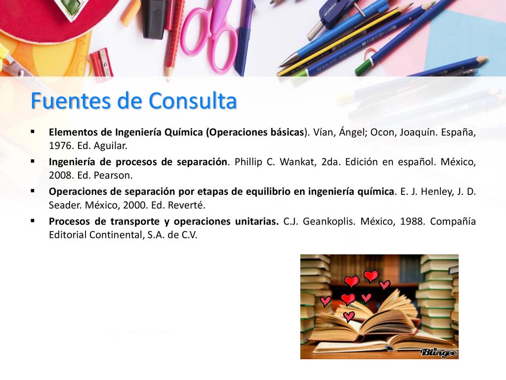 Fuentes de Consulta Elementos de Ingeniería Química (Operaciones básicas). Vían, Ángel; Ocon, Joaquín. España, Ed. Aguilar.