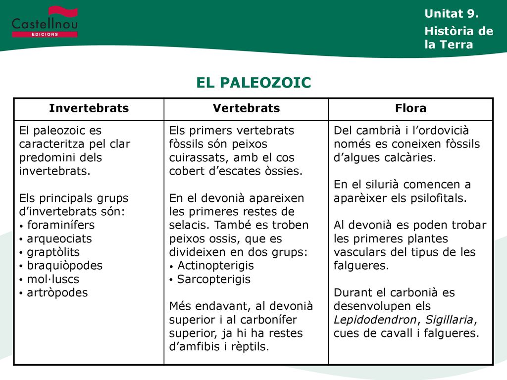 EL PALEOZOIC Unitat 9. Història de la Terra Invertebrats Vertebrats