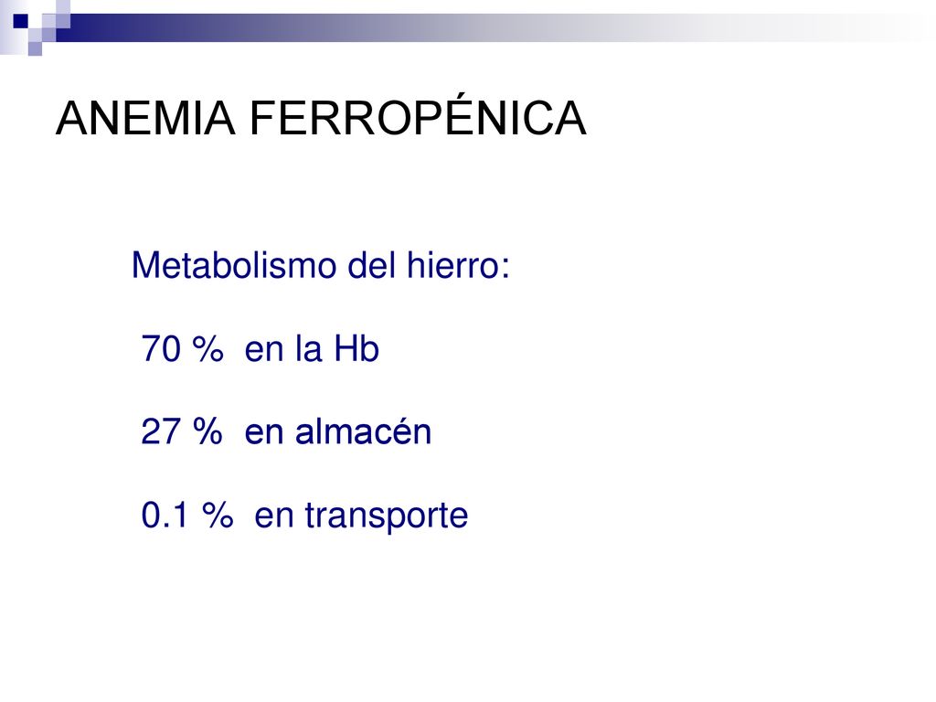 ANEMIA FERROPÉNICA Metabolismo del hierro: 70 % en la Hb