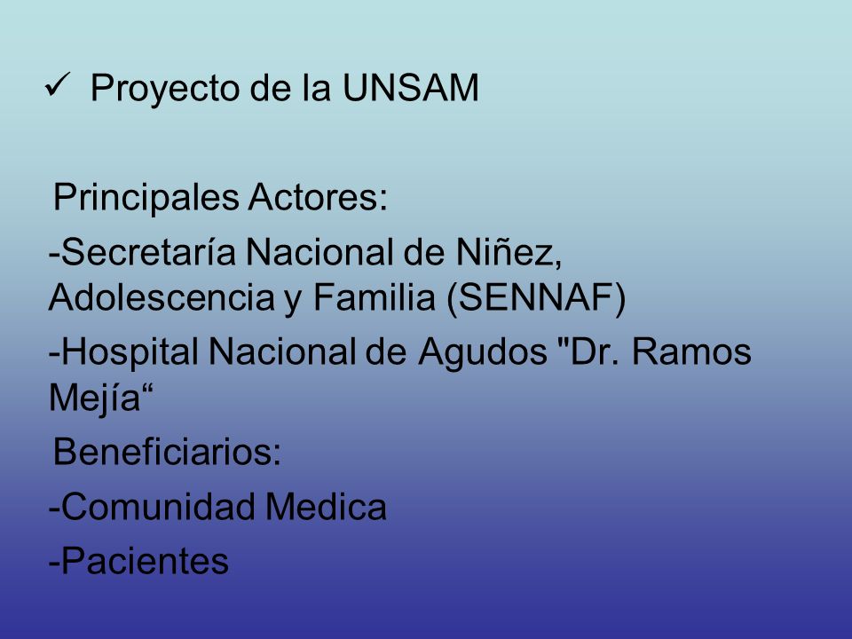 Proyecto de la UNSAM Principales Actores: Secretaría Nacional de Niñez, Adolescencia y Familia (SENNAF)