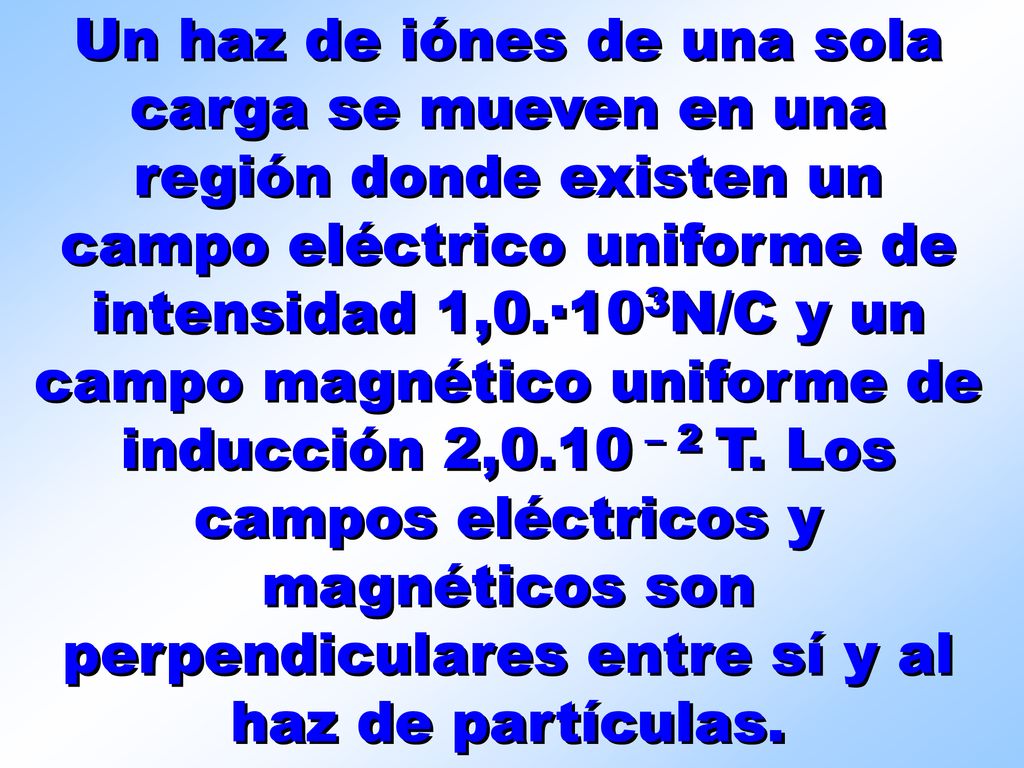 Un haz de iónes de una sola carga se mueven en una región donde existen un campo eléctrico uniforme de intensidad 1,0.·103N/C y un campo magnético uniforme de inducción 2,0.10 – 2 T.