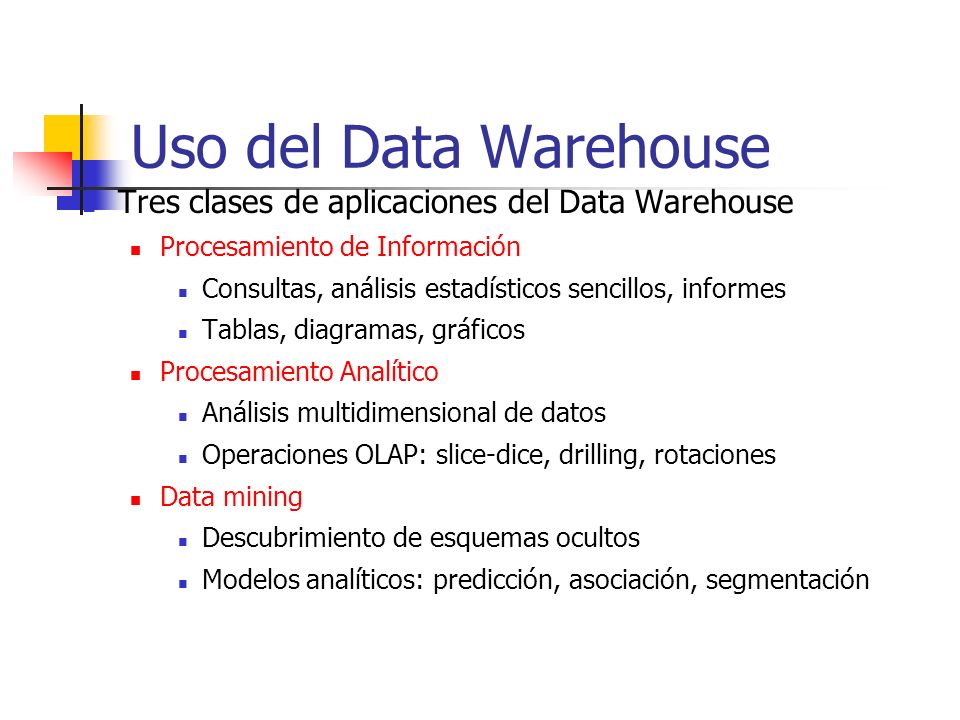 Uso del Data Warehouse Tres clases de aplicaciones del Data Warehouse