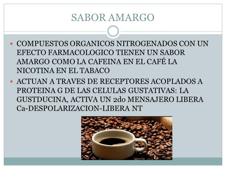 SABOR AMARGO COMPUESTOS ORGANICOS NITROGENADOS CON UN EFECTO FARMACOLOGICO TIENEN UN SABOR AMARGO COMO LA CAFEINA EN EL CAFÉ LA NICOTINA EN EL TABACO.
