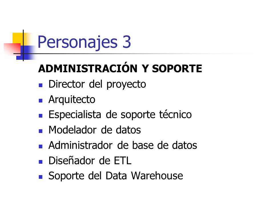 Personajes 3 ADMINISTRACIÓN Y SOPORTE Director del proyecto Arquitecto