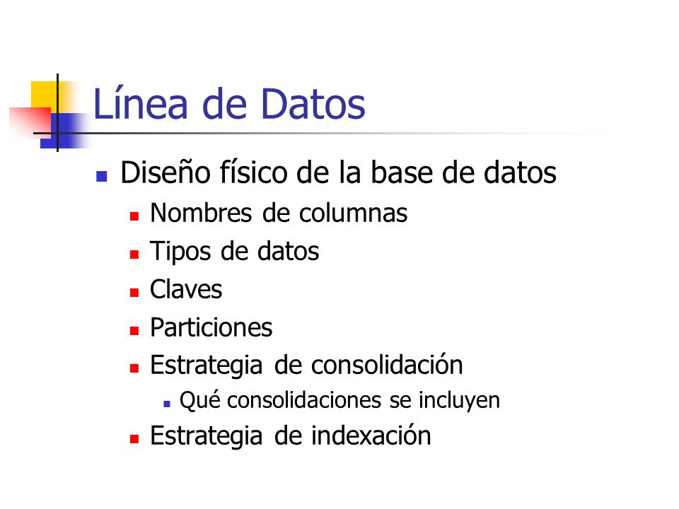 Línea de Datos Diseño físico de la base de datos Nombres de columnas