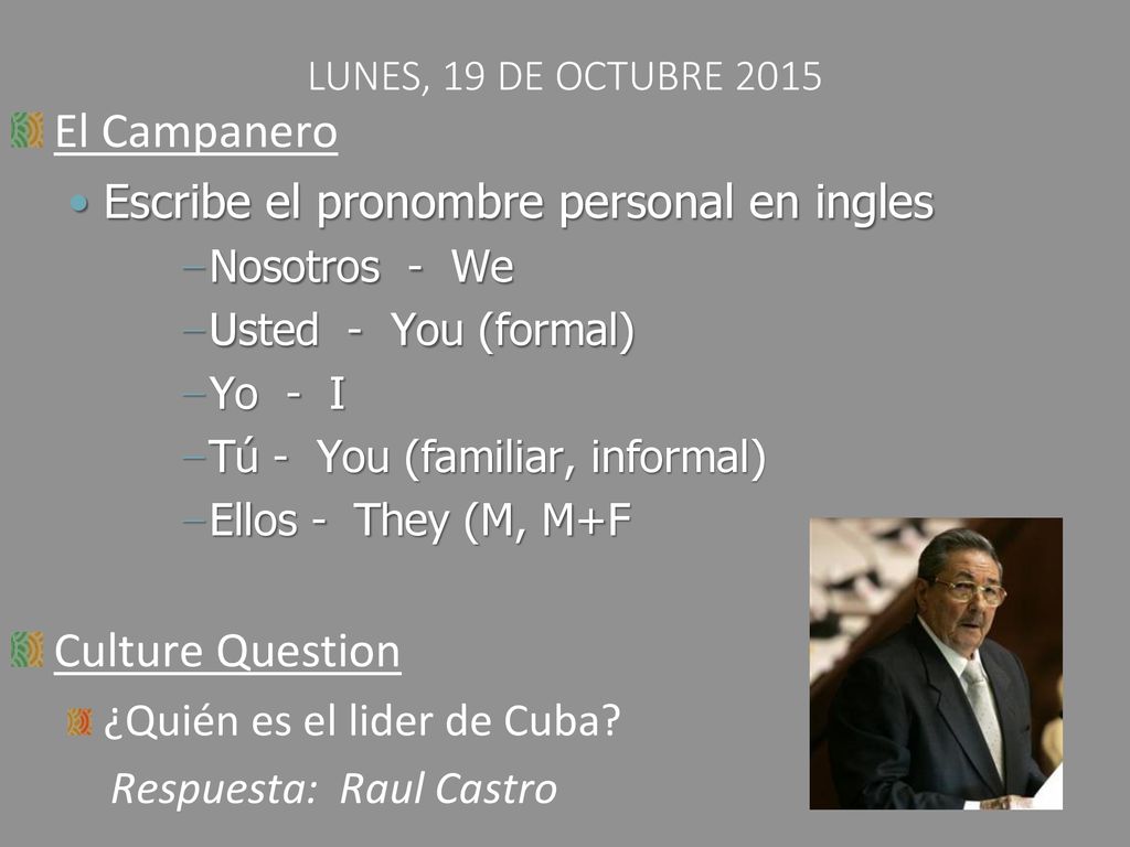 El Campanero Culture Question Escribe el pronombre personal en ingles
