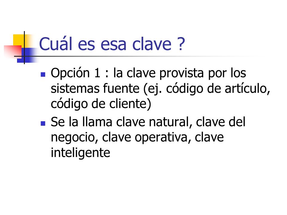 Cuál es esa clave Opción 1 : la clave provista por los sistemas fuente (ej. código de artículo, código de cliente)
