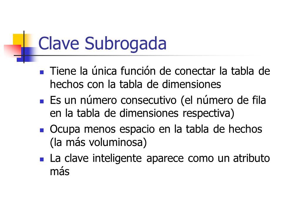 Clave Subrogada Tiene la única función de conectar la tabla de hechos con la tabla de dimensiones.