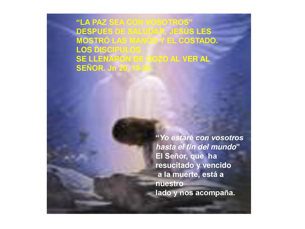 LA PAZ SEA CON VOSOTROS DESPUES DE SALUDAR, JESÚS LES MOSTRÓ LAS MANOS Y EL COSTADO. LOS DISCIPULOS