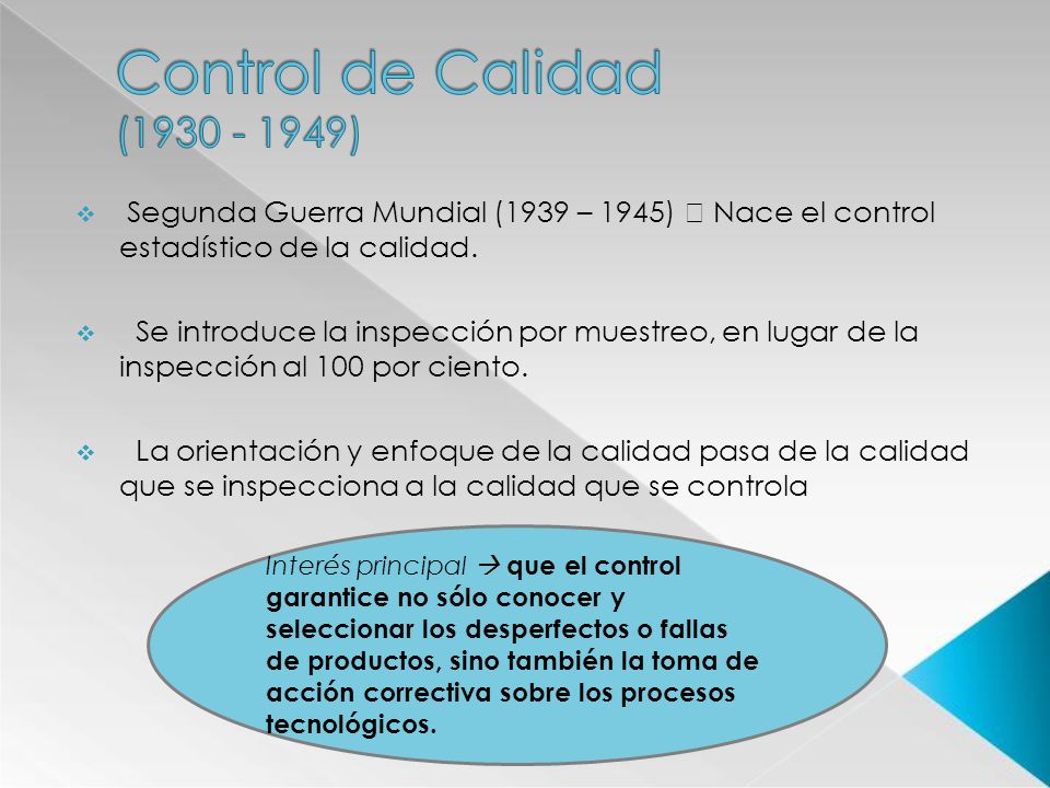 Control de Calidad ( ) Segunda Guerra Mundial (1939 – 1945)  Nace el control estadístico de la calidad.