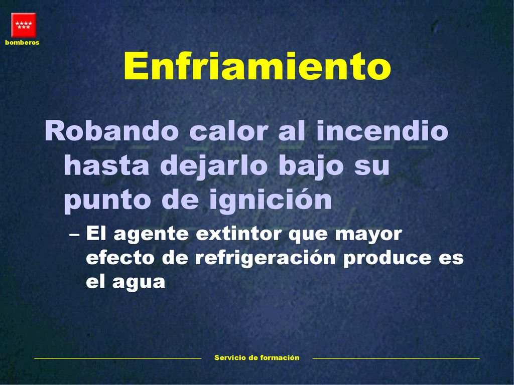 Enfriamiento Robando calor al incendio hasta dejarlo bajo su punto de ignición.