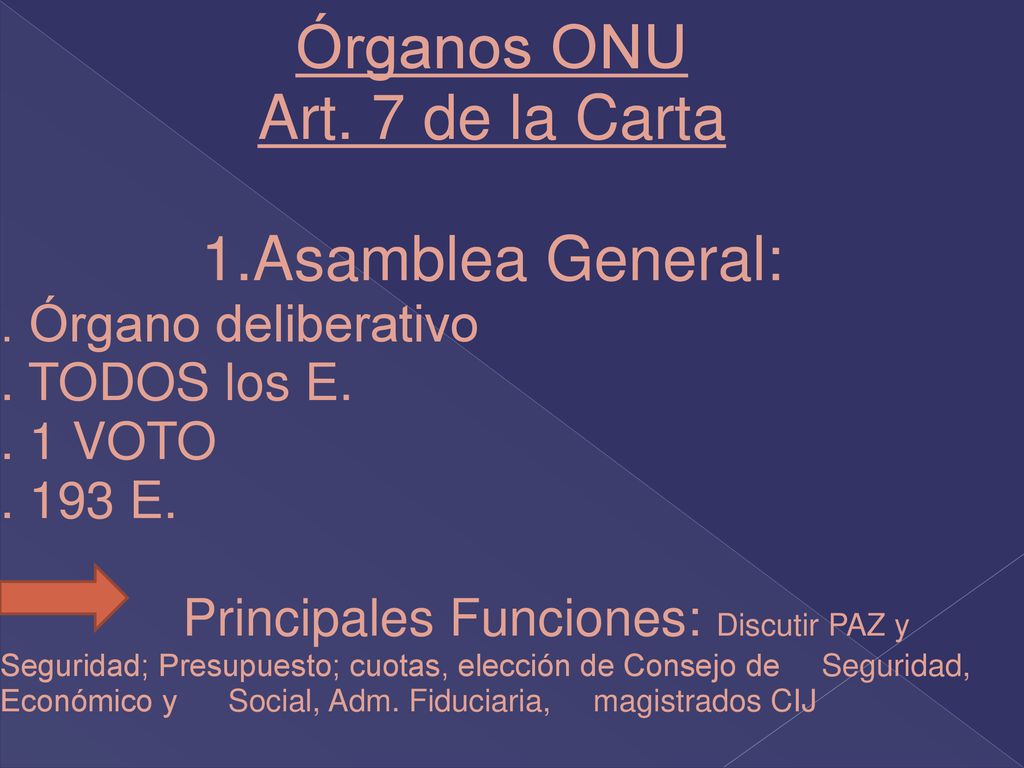 Órganos ONU Art. 7 de la Carta Asamblea General: . Órgano deliberativo