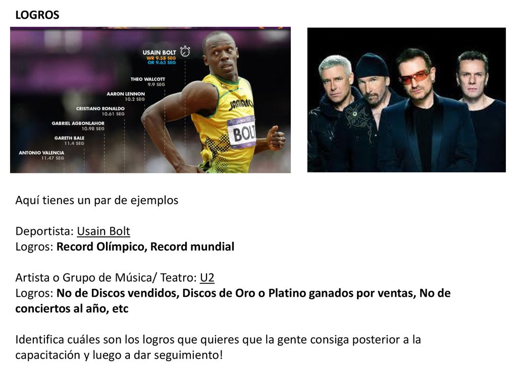 LOGROS Aquí tienes un par de ejemplos. Deportista: Usain Bolt. Logros: Record Olímpico, Record mundial.