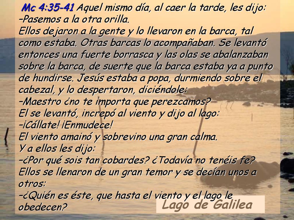 Mc 4:35-41 Aquel mismo día, al caer la tarde, les dijo: –Pasemos a la otra orilla. Ellos dejaron a la gente y lo llevaron en la barca, tal como estaba. Otras barcas lo acompañaban. Se levantó entonces una fuerte borrasca y las olas se abalanzaban sobre la barca, de suerte que la barca estaba ya a punto de hundirse. Jesús estaba a popa, durmiendo sobre el cabezal, y lo despertaron, diciéndole: –Maestro ¿no te importa que perezcamos El se levantó, increpó al viento y dijo al lago: –¡Cállate! ¡Enmudece! El viento amainó y sobrevino una gran calma. Y a ellos les dijo: –¿Por qué sois tan cobardes ¿Todavía no tenéis fe Ellos se llenaron de un gran temor y se decían unos a otros: –¿Quién es éste, que hasta el viento y el lago le obedecen
