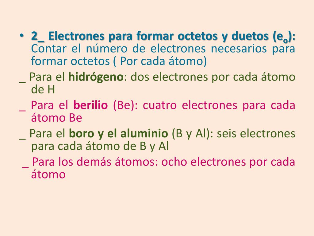2_ Electrones para formar octetos y duetos (eo): Contar el número de electrones necesarios para formar octetos ( Por cada átomo)