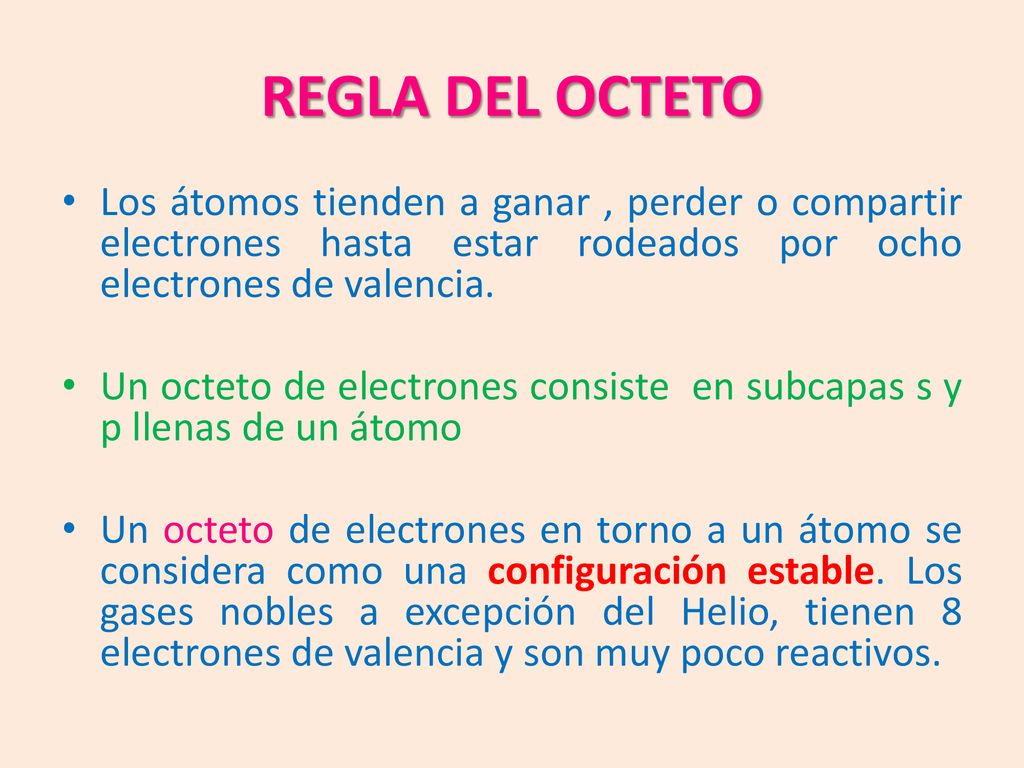 REGLA DEL OCTETO Los átomos tienden a ganar , perder o compartir electrones hasta estar rodeados por ocho electrones de valencia.