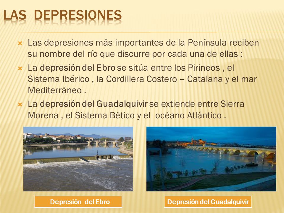 LAS DEPRESIONES Las depresiones más importantes de la Península reciben su nombre del río que discurre por cada una de ellas :