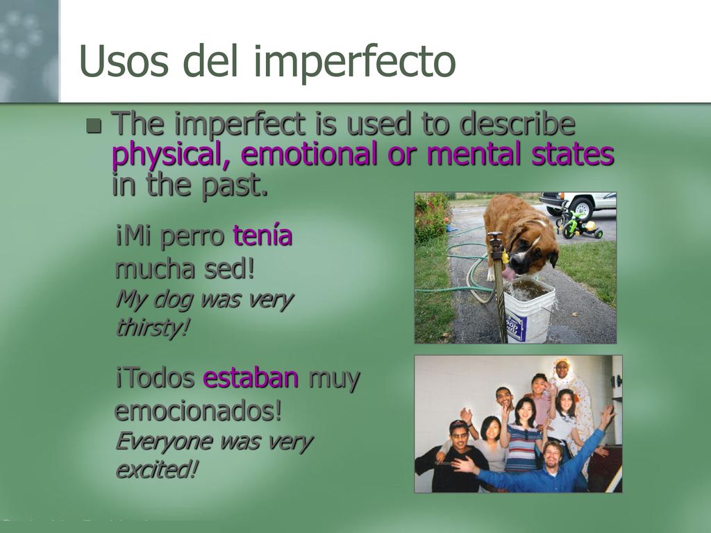 Usos del imperfecto The imperfect is used to describe physical, emotional or mental states in the past.
