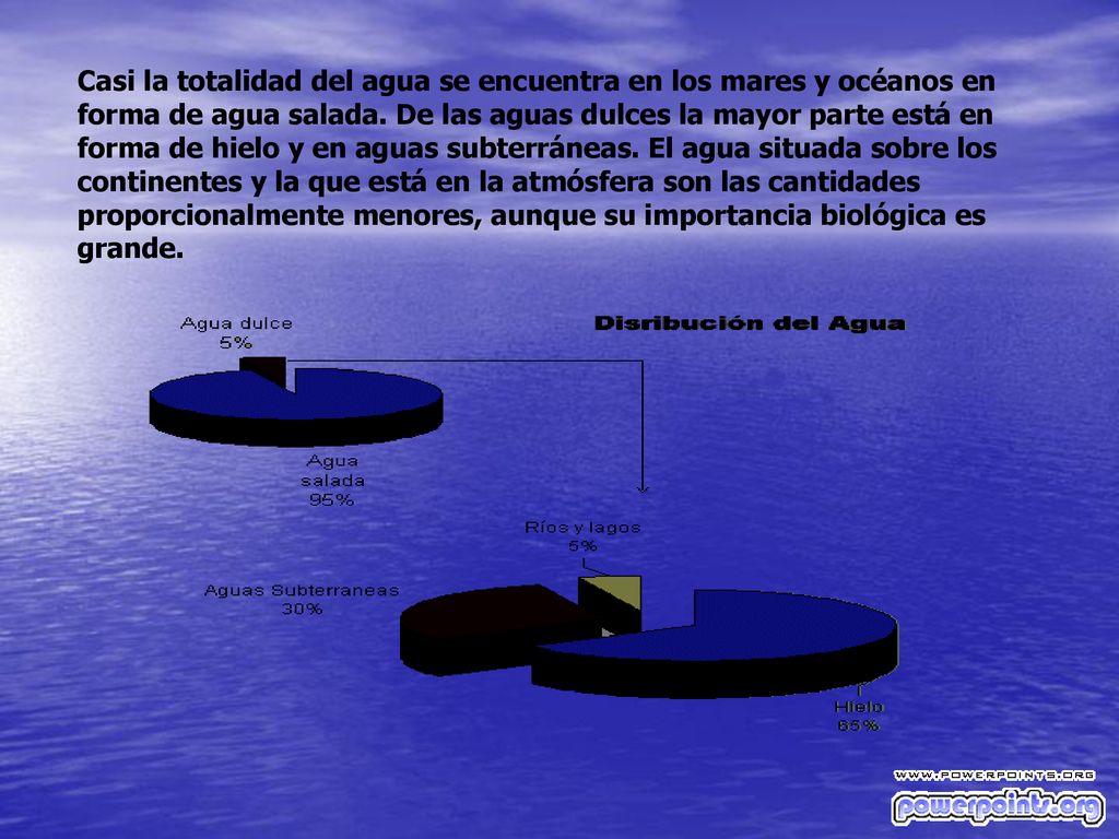 Casi la totalidad del agua se encuentra en los mares y océanos en forma de agua salada.