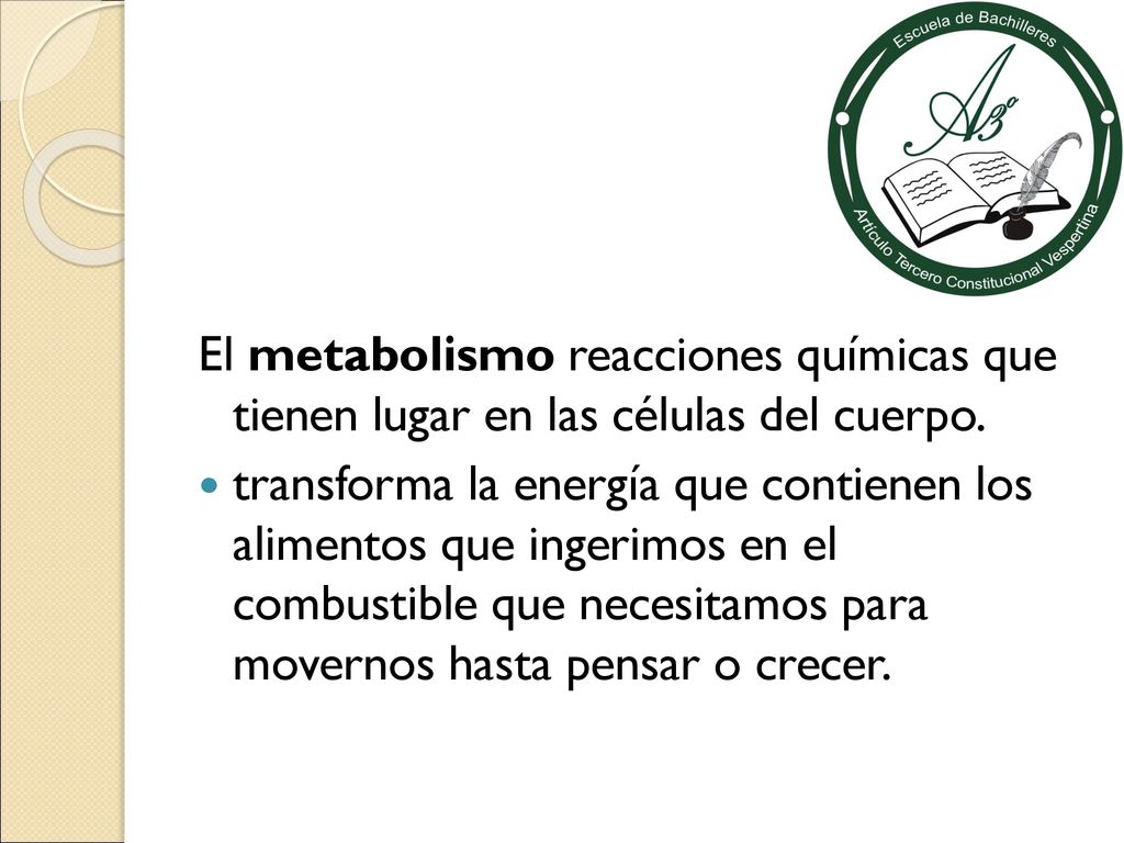 El metabolismo reacciones químicas que tienen lugar en las células del cuerpo.