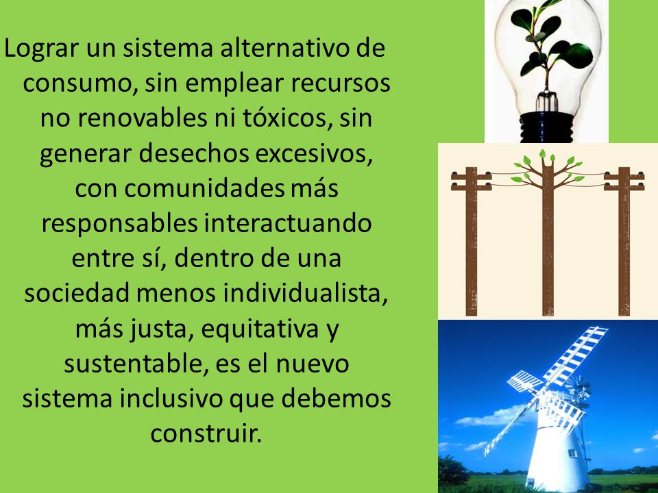 Lograr un sistema alternativo de consumo, sin emplear recursos no renovables ni tóxicos, sin generar desechos excesivos, con comunidades más responsables interactuando entre sí, dentro de una sociedad menos individualista, más justa, equitativa y sustentable, es el nuevo sistema inclusivo que debemos construir.