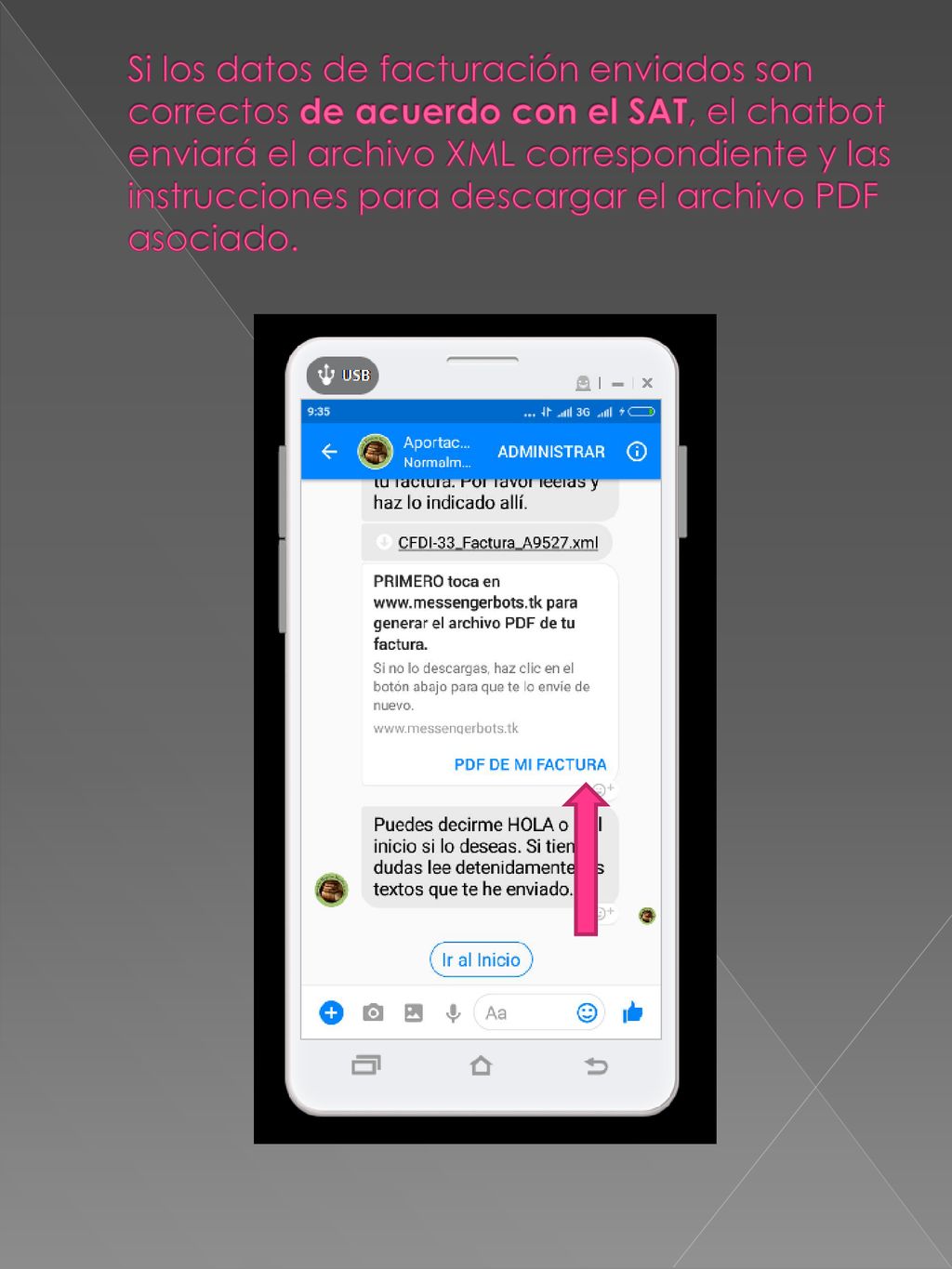 Si los datos de facturación enviados son correctos de acuerdo con el SAT, el chatbot enviará el archivo XML correspondiente y las instrucciones para descargar el archivo PDF asociado.