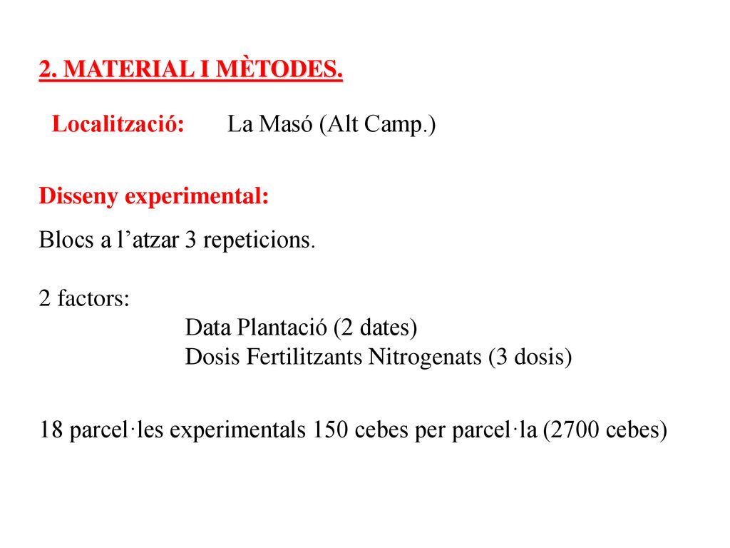 2. MATERIAL I MÈTODES. Localització: La Masó (Alt Camp.) Disseny experimental: Blocs a l’atzar 3 repeticions.