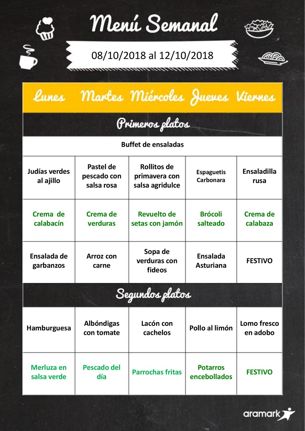 08/10/2018 al 12/10/2018 Buffet de ensaladas Judías verdes al ajillo