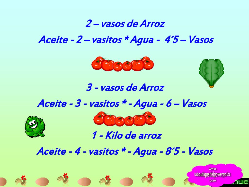 Aceite - 2 – vasitos * Agua - 4´5 – Vasos