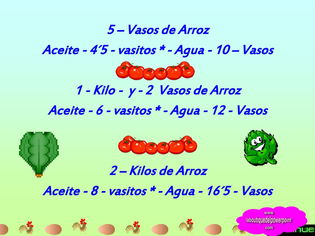 Aceite - 4´5 - vasitos * - Agua - 10 – Vasos